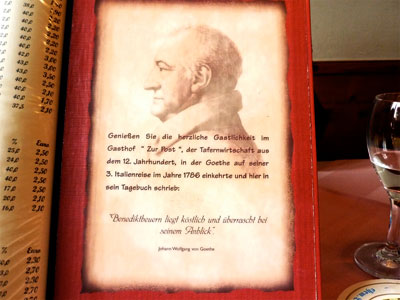 Goethezitat in der Speisekarte "Zur Post", Benediktbeuern