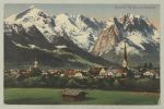 Postkarte Garmisch mit Alp und Zugspitze (nach 1905)<br />© Haus der Bayerischen Geschichte<br /><br />Mit der Eröffnung der durchgehenden Eisenbahnverbindung von München aus im Jahr 1889 wurde Garmisch bei Malern und Künstlern immer beliebter. Auch für Bergsteiger hat es seinen Reiz: Deutschlands höchster Berg, die Zugspitze, wird 1820 erstmals vom Vermessungsoffizier Josep Naus (1793-1871) bestiegen und gleichzeitig vermessen. Ein Kreuz steht seit 1851 auf der Zugspitze. <br />