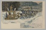 Schlittenpartie (Linderhof im Winter)<br />Postkarte/Lithographie mit König Ludwig II. auf Schlittenpartie bei Schloss Linderhof (Fritz Bergen um 1900)<br />© Haus der Bayerischen Geschichte <br /><br />Der menschenscheue König Ludwig II. lebte hauptsächlich nachts. Selten war es den Untertanen vergönnt, den Königsschlitten auf einer Fahrt zu sehen. Der Schlitten war zwar im Stil des französischen Rokoko gebaut und ausgestattet, aber doch hochmodern: die Seitenlampen waren seit 1885 elektrifiziert.  <br />